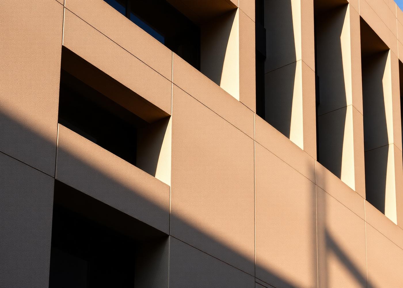 Modernist concrete facade with strong afternoon shadows