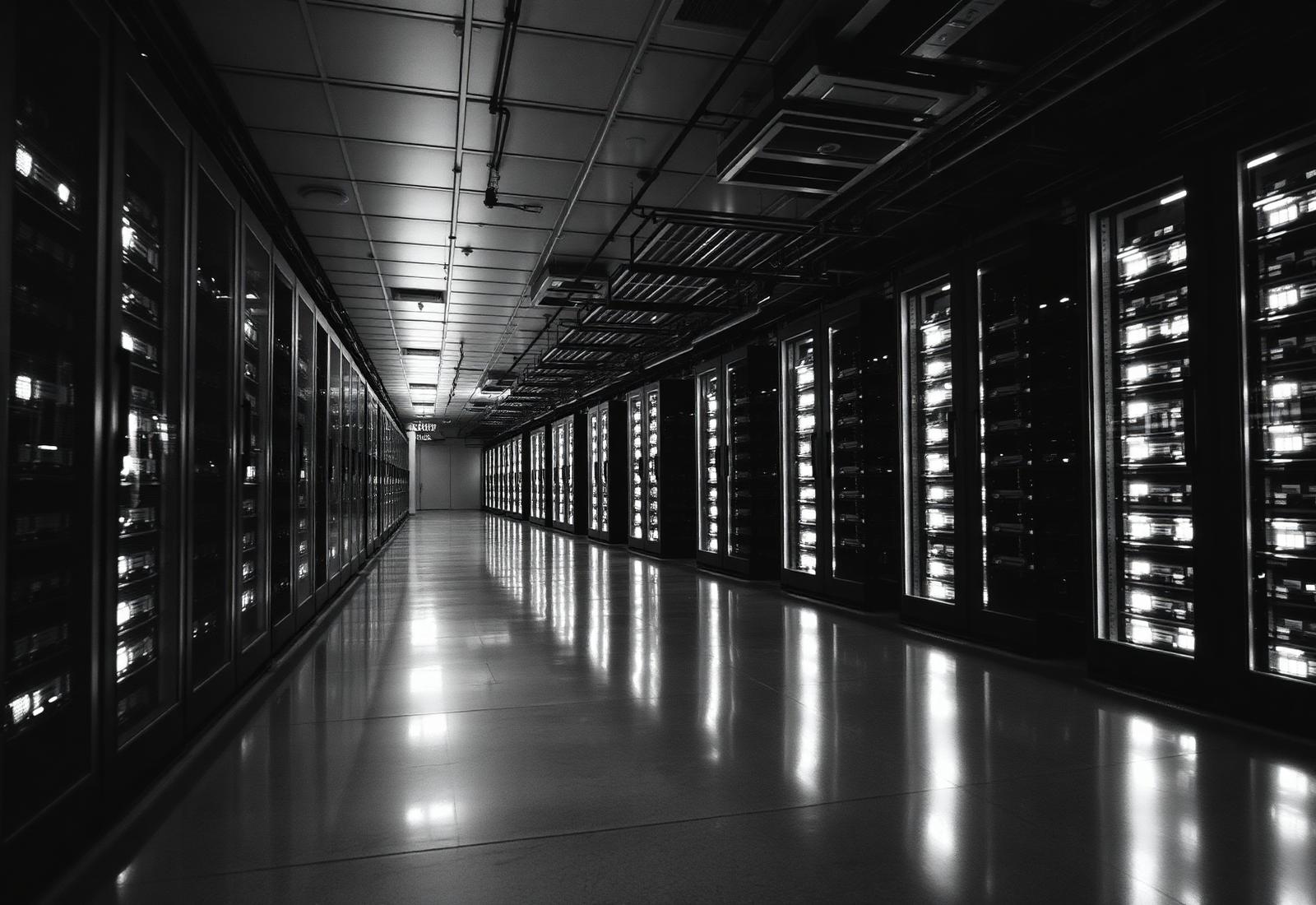 Long corridor between illuminated server racks reflected in polished floor
