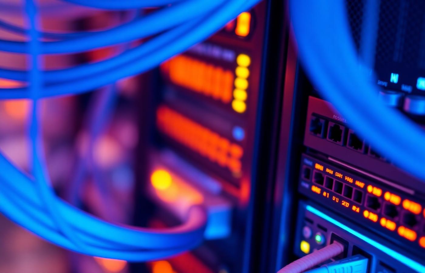 Macro detail of blue and orange fibre network cabling